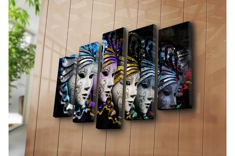 Suuri 5-osainen canvas-taulu 105x70 cm - Värikkäät naamiot monimutkaisilla kuvioilla - Sininen / Violetti / Hopea - Sisustustuotteet - Taulu & taide - Canvas-taulu