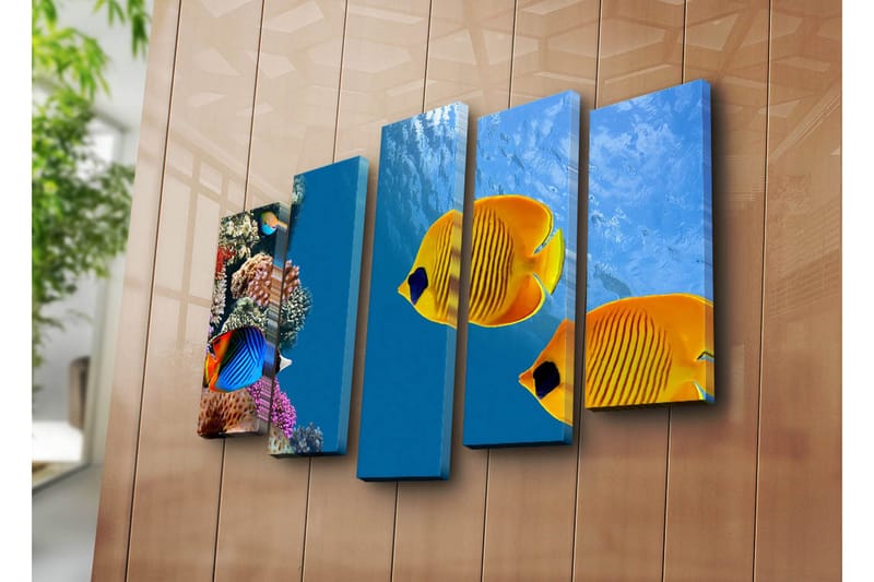 Suuri 5-osainen canvas-taulu 105x70 cm - Värikkäitä kaloja koralliriuttojen keskellä - Sininen / Keltainen / Violetti - Sisustustuotteet - Taulu & taide - Canvas-taulu