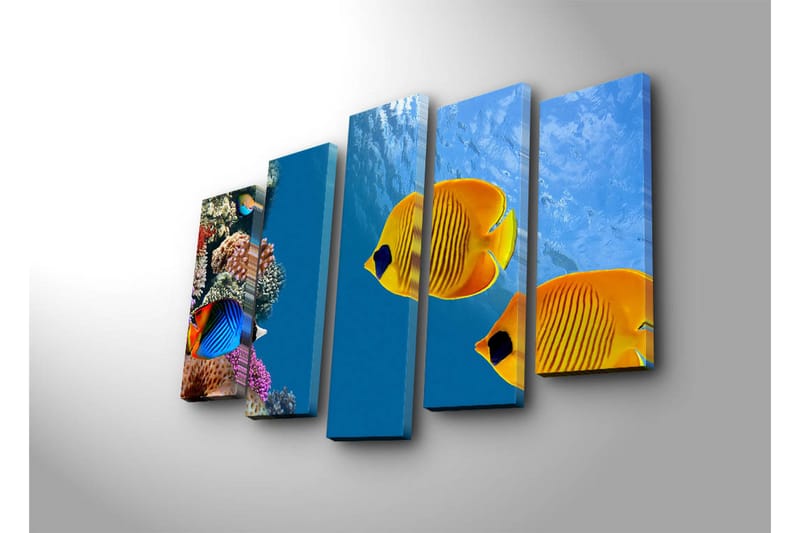 Suuri 5-osainen canvas-taulu 105x70 cm - Värikkäitä kaloja koralliriuttojen keskellä - Sininen / Keltainen / Violetti - Sisustustuotteet - Taulu & taide - Canvas-taulu