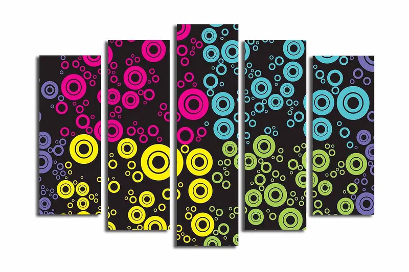 Suuri 5-osainen canvas-taulu 105x70 cm - Värikkäitä ympyröitä eri kokoisina mustalla taustalla, Vaaleanpunainen / Sininen / Keltainen