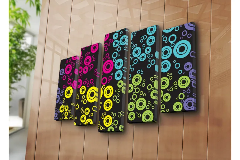 Suuri 5-osainen canvas-taulu 105x70 cm - Värikkäitä ympyröitä eri kokoisina mustalla taustalla - Vaaleanpunainen / Sininen / Keltainen - Sisustustuotteet - Taulu & taide - Canvas-taulu