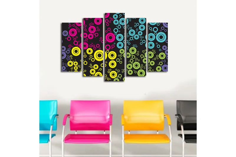 Suuri 5-osainen canvas-taulu 105x70 cm - Värikkäitä ympyröitä eri kokoisina mustalla taustalla - Vaaleanpunainen / Sininen / Keltainen - Sisustustuotteet - Taulu & taide - Canvas-taulu