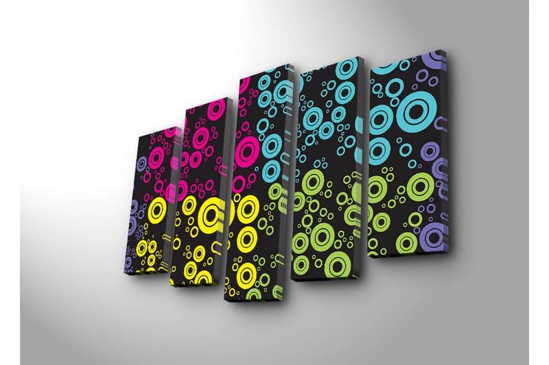 Suuri 5-osainen canvas-taulu 105x70 cm - Värikkäitä ympyröitä eri kokoisina mustalla taustalla - Vaaleanpunainen / Sininen / Keltainen - Sisustustuotteet - Taulu & taide - Canvas-taulu