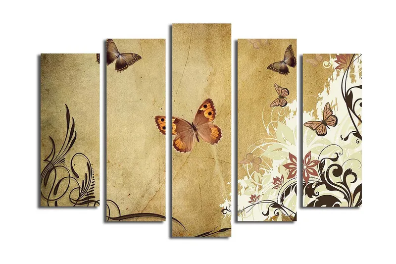 Suuri 5-osainen canvas-taulu 105x70 cm - Värikkäitä perhosia elegantissa sommitelmassa, Beige / Ruskea / Vaaleanvihreä