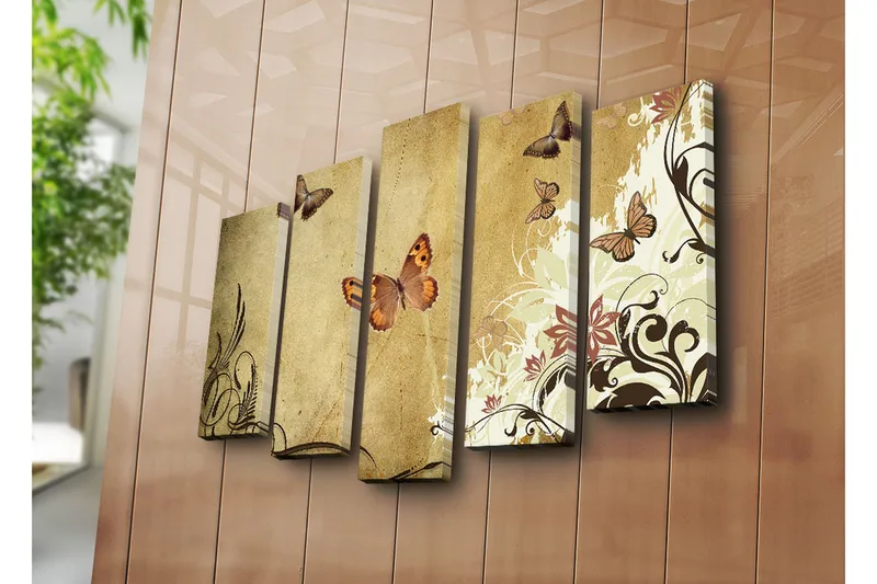 Suuri 5-osainen canvas-taulu 105x70 cm - Värikkäitä perhosia elegantissa sommitelmassa - Beige / Ruskea / Vaaleanvihreä - Sisustustuotteet - Taulu & taide - Canvas-taulu