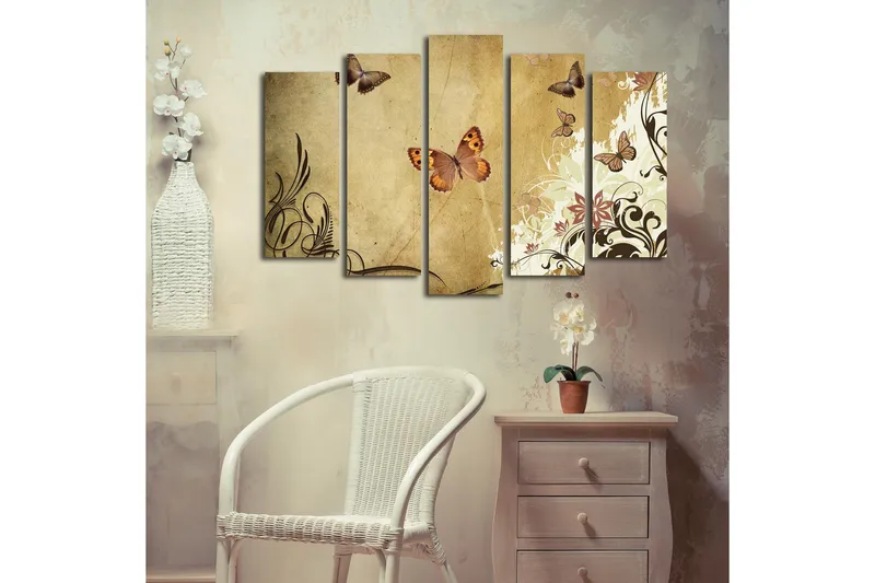 Suuri 5-osainen canvas-taulu 105x70 cm - Värikkäitä perhosia elegantissa sommitelmassa - Beige / Ruskea / Vaaleanvihreä - Sisustustuotteet - Taulu & taide - Canvas-taulu