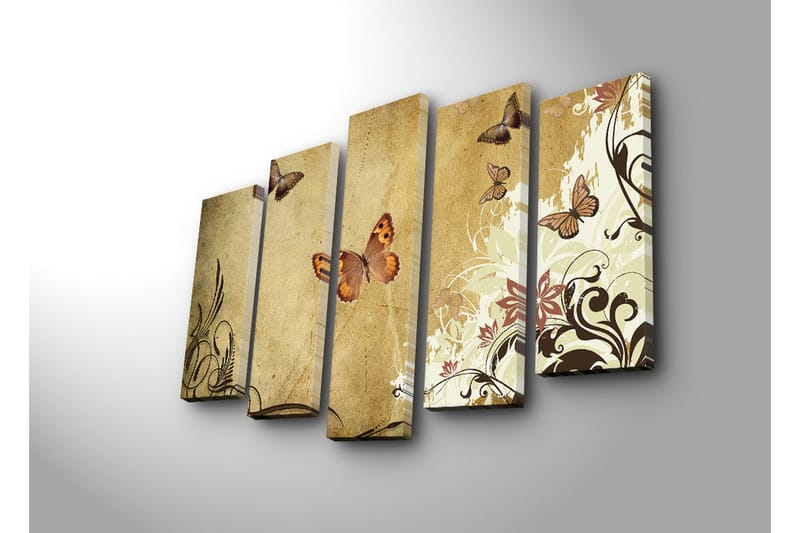 Suuri 5-osainen canvas-taulu 105x70 cm - Värikkäitä perhosia elegantissa sommitelmassa - Beige / Ruskea / Vaaleanvihreä - Sisustustuotteet - Taulu & taide - Canvas-taulu
