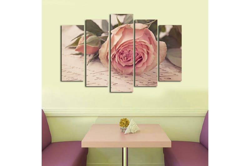 Suuri 5-osainen canvas-taulu 105x70 cm - Vaaleanpunainen kukka nuppuineen ja vihreine lehtineen - Vaaleanpunainen / Vihreä / Beige - Sisustustuotteet - Taulu & taide - Canvas-taulu