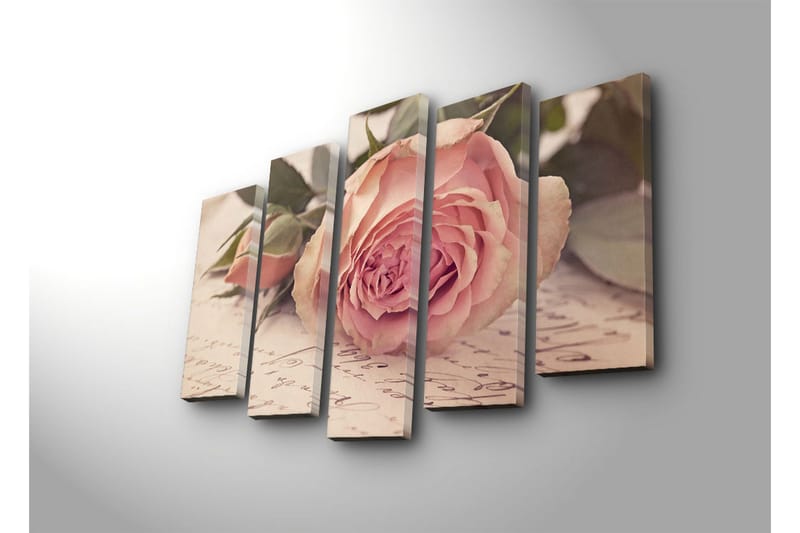 Suuri 5-osainen canvas-taulu 105x70 cm - Vaaleanpunainen kukka nuppuineen ja vihreine lehtineen - Vaaleanpunainen / Vihreä / Beige - Sisustustuotteet - Taulu & taide - Canvas-taulu