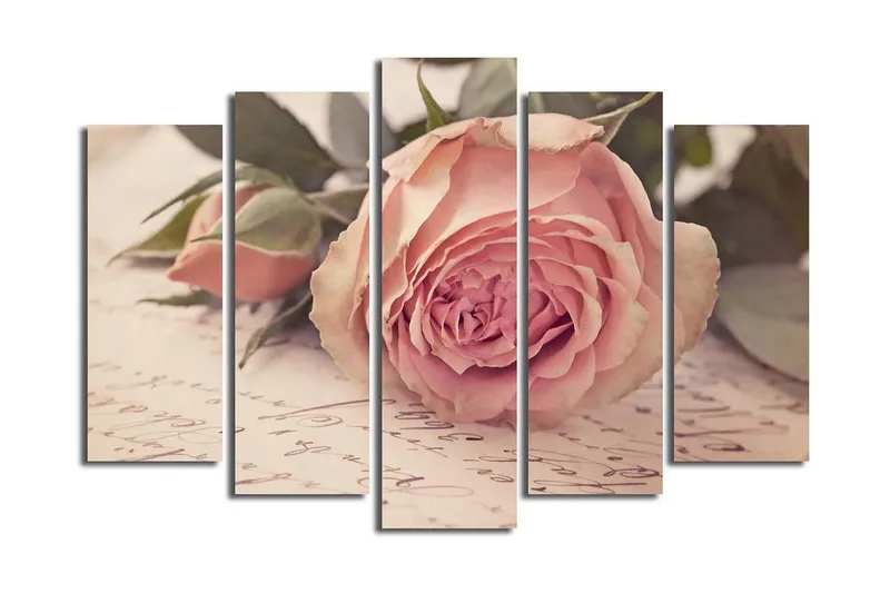 Suuri 5-osainen canvas-taulu 105x70 cm - Vaaleanpunainen kukka nuppuineen ja vihreine lehtineen - Vaaleanpunainen / Vihreä / Beige - Sisustustuotteet - Taulu & taide - Canvas-taulu