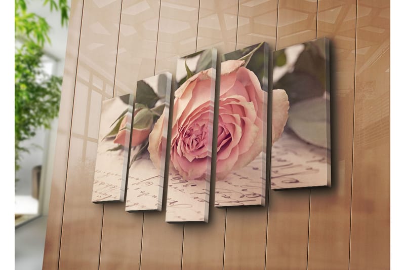 Suuri 5-osainen canvas-taulu 105x70 cm - Vaaleanpunainen kukka nuppuineen ja vihreine lehtineen - Vaaleanpunainen / Vihreä / Beige - Sisustustuotteet - Taulu & taide - Canvas-taulu