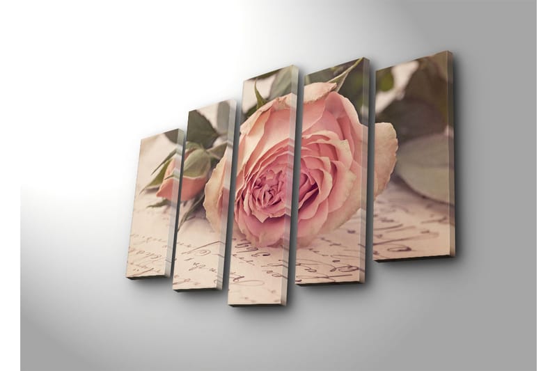 Suuri 5-osainen canvas-taulu 105x70 cm - Vaaleanpunainen kukka nuppuineen ja vihreine lehtineen - Vaaleanpunainen / Vihreä / Beige - Sisustustuotteet - Taulu & taide - Canvas-taulu
