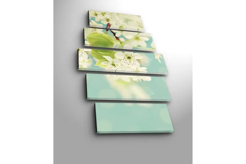 Suuri 5-osainen canvas-taulu 105x70 cm - Valkoisia hortensioita kukassa pehmeän sinistä taustaa vasten - Valkoinen / Vihreä / Sininen - Sisustustuotteet - Taulu & taide - Canvas-taulu