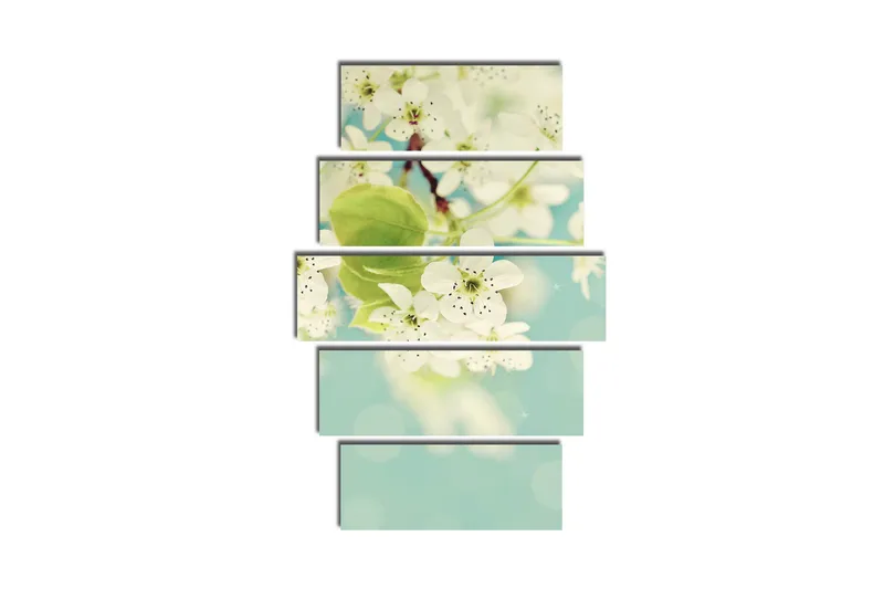 Suuri 5-osainen canvas-taulu 105x70 cm - Valkoisia hortensioita kukassa pehmeän sinistä taustaa vasten - Valkoinen / Vihreä / Sininen - Sisustustuotteet - Taulu & taide - Canvas-taulu