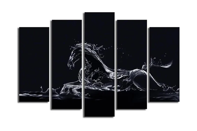 Suuri 5-osainen canvas-taulu 105x70 cm - Vesihevonen dynaamisessa liikkeessä - Musta / Läpinäkyvä valkoinen - Sisustustuotteet - Taulu & taide - Canvas-taulu
