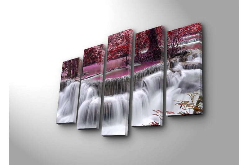 Suuri 5-osainen canvas-taulu 105x70 cm - Vesiputous violettien ja punaisten puiden ympäröimänä - Violetti / Punainen / Valkoinen - Sisustustuotteet - Taulu & taide - Canvas-taulu