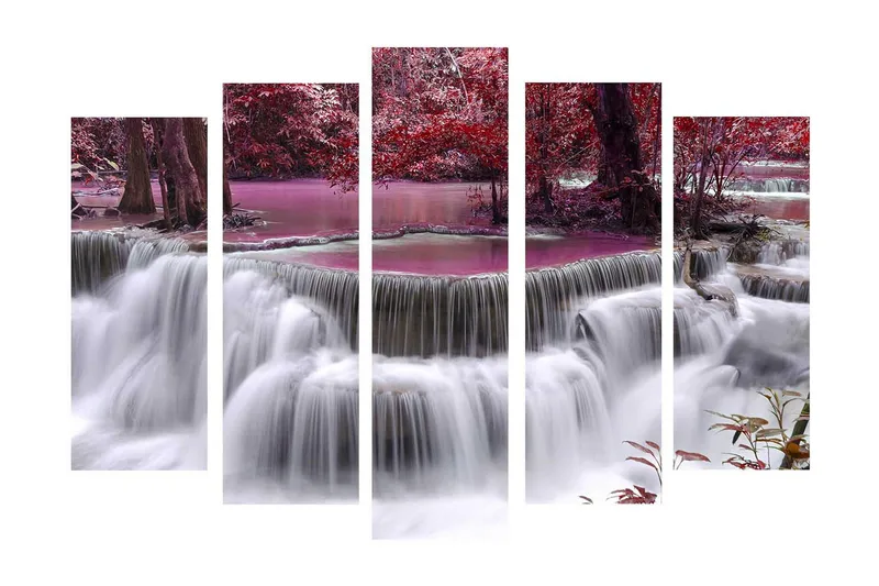 Suuri 5-osainen canvas-taulu 105x70 cm - Vesiputous violettien ja punaisten puiden ympäröimänä, Violetti / Punainen / Valkoinen