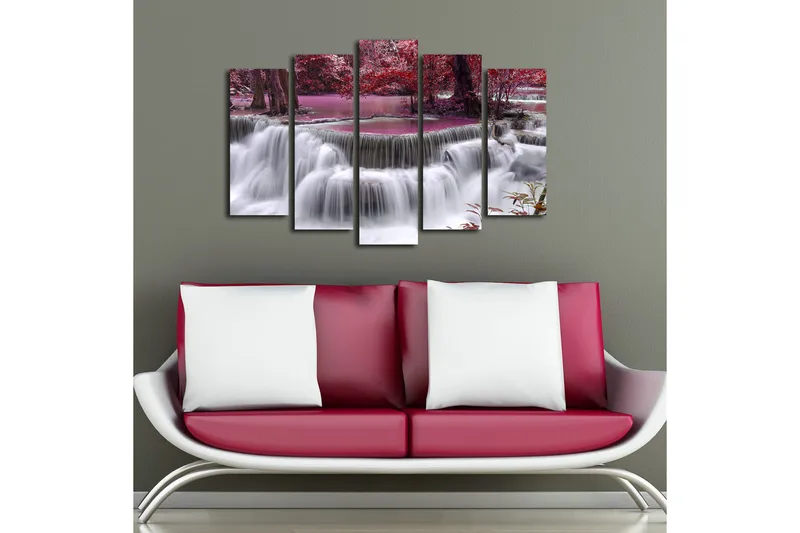 Suuri 5-osainen canvas-taulu 105x70 cm - Vesiputous violettien ja punaisten puiden ympäröimänä - Violetti / Punainen / Valkoinen - Sisustustuotteet - Taulu & taide - Canvas-taulu