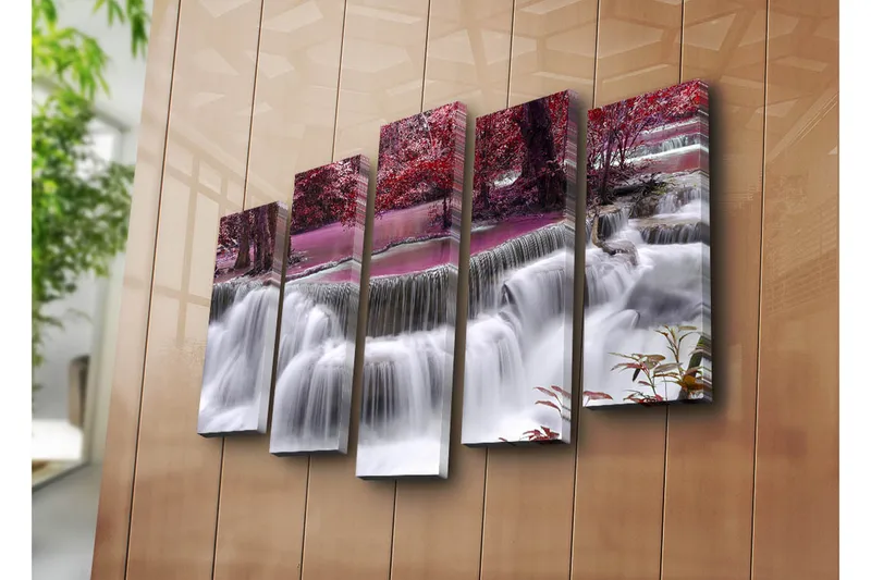 Suuri 5-osainen canvas-taulu 105x70 cm - Vesiputous violettien ja punaisten puiden ympäröimänä - Violetti / Punainen / Valkoinen - Sisustustuotteet - Taulu & taide - Canvas-taulu