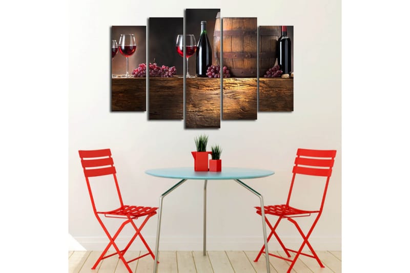 Suuri 5-osainen canvas-taulu 105x70 cm - Viiniä ja viinirypäleitä maalaismaisemassa - Punainen / Ruskea / Violetti - Sisustustuotteet - Taulu & taide - Canvas-taulu