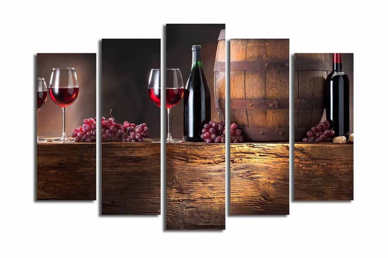 Suuri 5-osainen canvas-taulu 105x70 cm - Viiniä ja viinirypäleitä maalaismaisemassa - Punainen / Ruskea / Violetti - Sisustustuotteet - Taulu & taide - Canvas-taulu