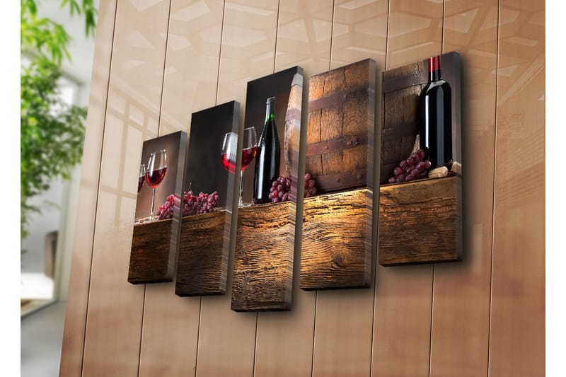 Suuri 5-osainen canvas-taulu 105x70 cm - Viiniä ja viinirypäleitä maalaismaisemassa - Punainen / Ruskea / Violetti - Sisustustuotteet - Taulu & taide - Canvas-taulu