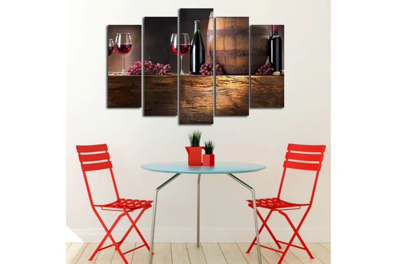 Suuri 5-osainen canvas-taulu 105x70 cm - Viiniä ja viinirypäleitä maalaismaisemassa - Punainen / Ruskea / Violetti - Sisustustuotteet - Taulu & taide - Canvas-taulu