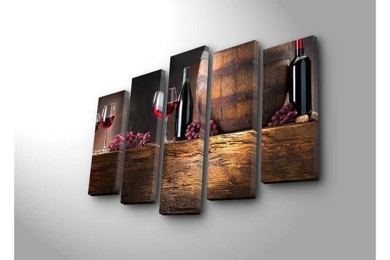 Suuri 5-osainen canvas-taulu 105x70 cm - Viiniä ja viinirypäleitä maalaismaisemassa - Punainen / Ruskea / Violetti - Sisustustuotteet - Taulu & taide - Canvas-taulu