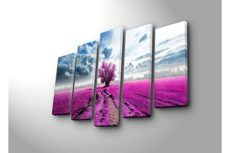 Suuri 5-osainen canvas-taulu 105x70 cm - Violetti kukkaniitty ja yksinäinen puu - Violetti / Sininen / Harmaa - Sisustustuotteet - Taulu & taide - Canvas-taulu