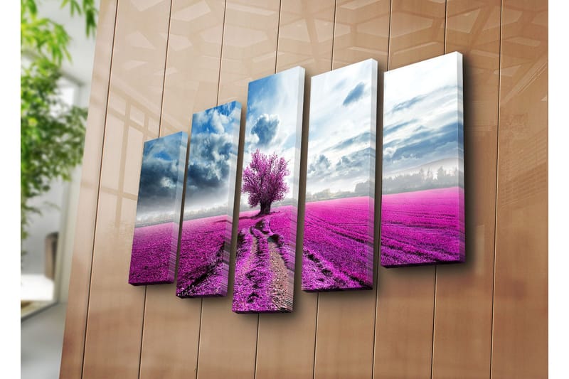 Suuri 5-osainen canvas-taulu 105x70 cm - Violetti kukkaniitty ja yksinäinen puu - Violetti / Sininen / Harmaa - Sisustustuotteet - Taulu & taide - Canvas-taulu