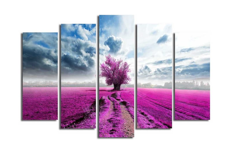 Suuri 5-osainen canvas-taulu 105x70 cm - Violetti kukkaniitty ja yksinäinen puu - Violetti / Sininen / Harmaa - Sisustustuotteet - Taulu & taide - Canvas-taulu