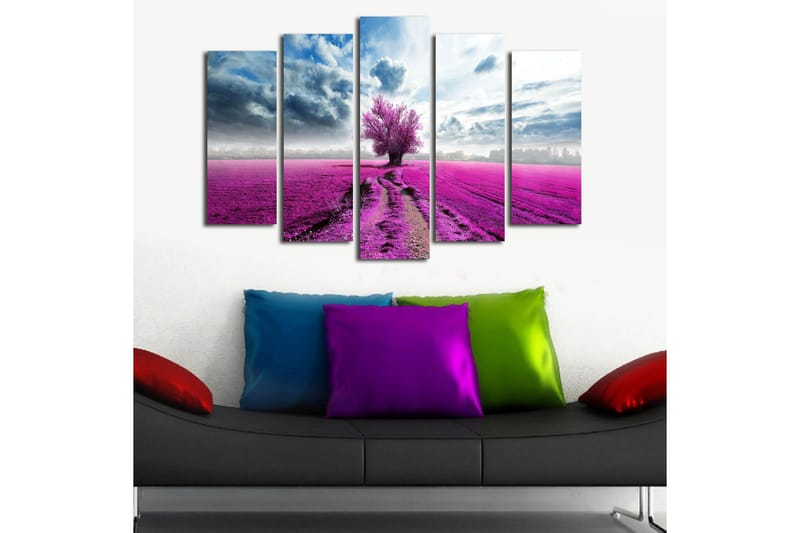 Suuri 5-osainen canvas-taulu 105x70 cm - Violetti kukkaniitty ja yksinäinen puu - Violetti / Sininen / Harmaa - Sisustustuotteet - Taulu & taide - Canvas-taulu