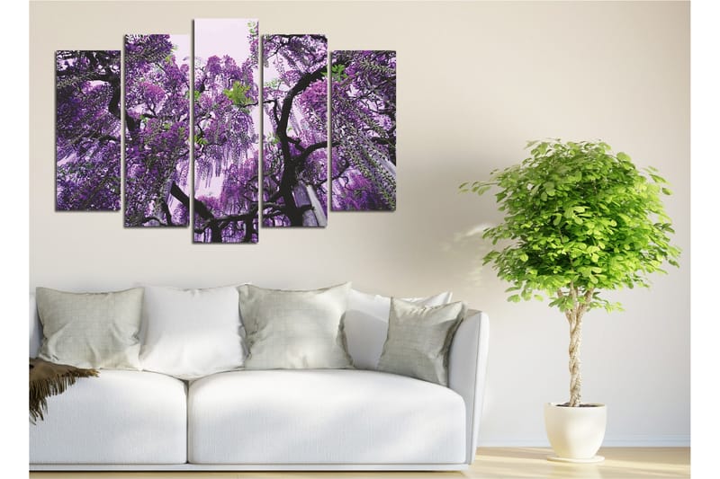 Suuri 5-osainen canvas-taulu 105x70 cm - Violetti wisteria-kukka roikkuu - Violetti / Vihreä / Musta - Sisustustuotteet - Taulu & taide - Canvas-taulu