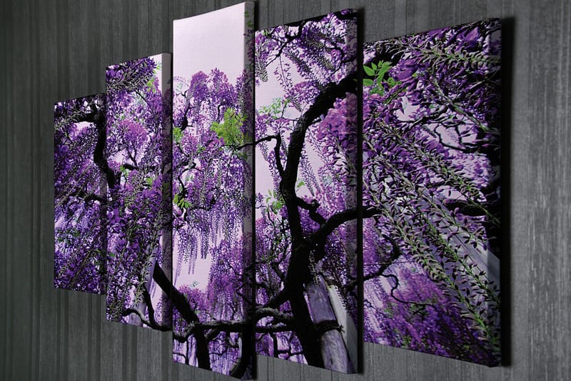 Suuri 5-osainen canvas-taulu 105x70 cm - Violetti wisteria-kukka roikkuu - Violetti / Vihreä / Musta - Sisustustuotteet - Taulu & taide - Canvas-taulu