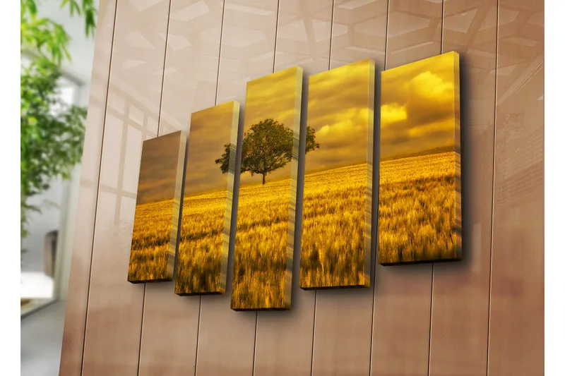 Suuri 5-osainen canvas-taulu 105x70 cm - Yksinäinen puun latvus kultaisessa niityssä - Kulta / Vihreä / Beige - Sisustustuotteet - Taulu & taide - Canvas-taulu