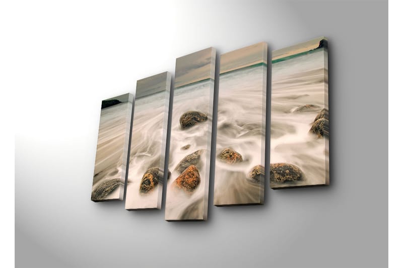 Suuri 5-osainen canvas-taulu 105x70 cm - Pehmeä merimaisema kivillä ja aalloilla - Harmaa / Beige / Musta - Sisustustuotteet - Taulu & taide - Canvas-taulu