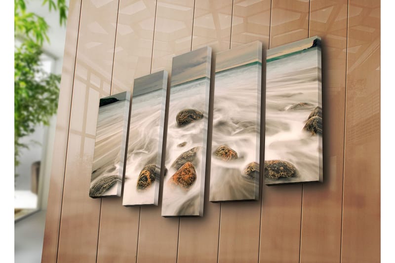 Suuri 5-osainen canvas-taulu 105x70 cm - Pehmeä merimaisema kivillä ja aalloilla - Harmaa / Beige / Musta - Sisustustuotteet - Taulu & taide - Canvas-taulu