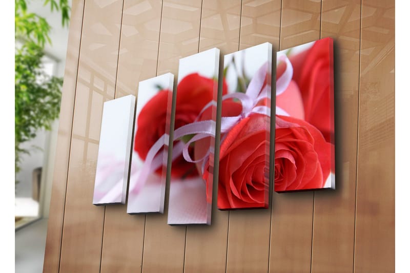 Suuri 5-osainen canvas-taulu 105x70 cm - Punaisia ruusuja satiininauhalla - Punainen / Vaaleanpunainen - Sisustustuotteet - Taulu & taide - Canvas-taulu