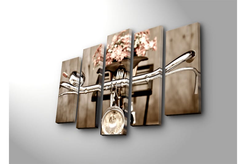 Suuri 5-osainen canvas-taulu 105x70 cm - Polkupyörän ohjaustanko ja kukat korissa - Harmaa / Vaaleanpunainen / Beige - Sisustustuotteet - Taulu & taide - Canvas-taulu