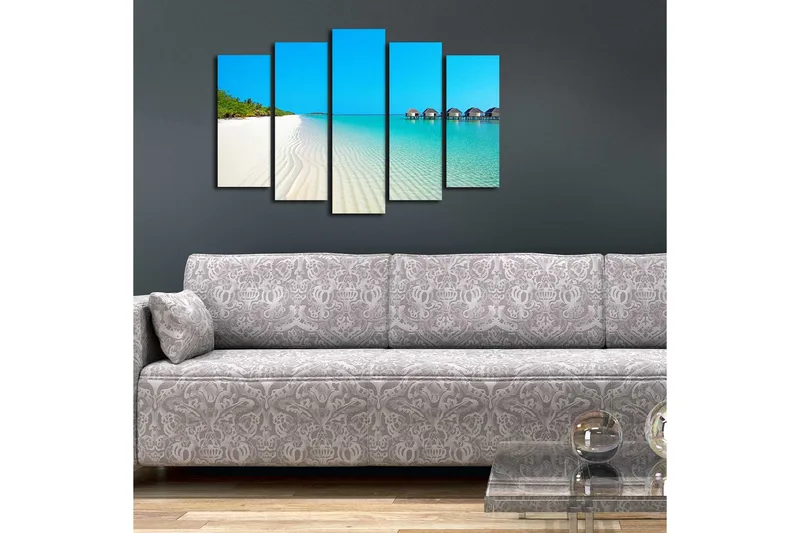 Suuri 5-osainen canvas-taulu 105x70 cm - Paratiisiranta turkoosilla vedellä ja palmuilla - Sininen / Turkoosi / Valkoinen - Sisustustuotteet - Taulu & taide - Canvas-taulu