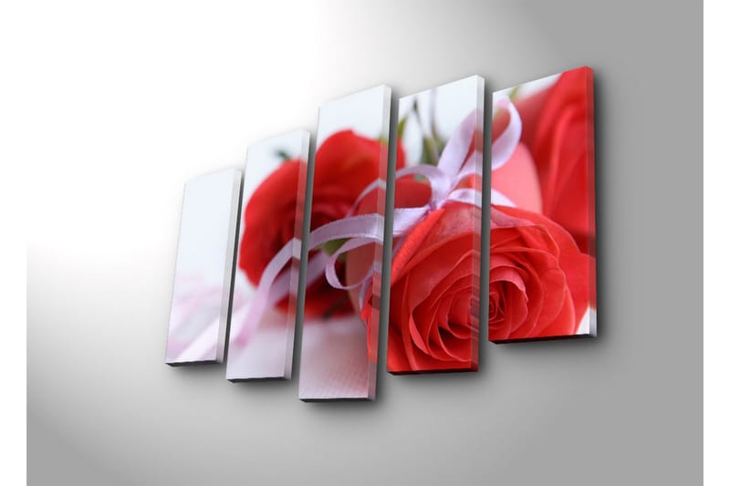 Suuri 5-osainen canvas-taulu 105x70 cm - Punaisia ruusuja satiininauhalla - Punainen / Vaaleanpunainen - Sisustustuotteet - Taulu & taide - Canvas-taulu