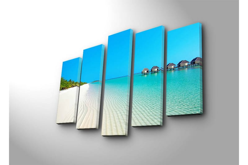 Suuri 5-osainen canvas-taulu 105x70 cm - Paratiisiranta turkoosilla vedellä ja palmuilla - Sininen / Turkoosi / Valkoinen - Sisustustuotteet - Taulu & taide - Canvas-taulu