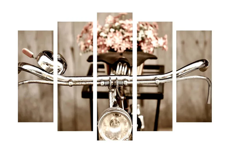 Suuri 5-osainen canvas-taulu 105x70 cm - Polkupyörän ohjaustanko ja kukat korissa - Harmaa / Vaaleanpunainen / Beige - Sisustustuotteet - Taulu & taide - Canvas-taulu