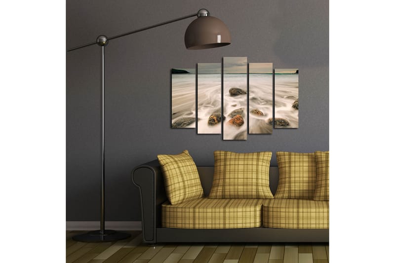 Suuri 5-osainen canvas-taulu 105x70 cm - Pehmeä merimaisema kivillä ja aalloilla - Harmaa / Beige / Musta - Sisustustuotteet - Taulu & taide - Canvas-taulu