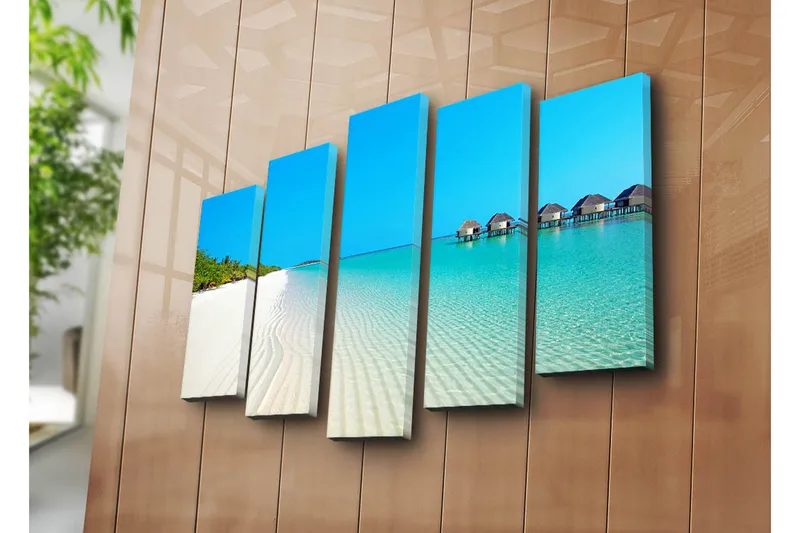 Suuri 5-osainen canvas-taulu 105x70 cm - Paratiisiranta turkoosilla vedellä ja palmuilla - Sininen / Turkoosi / Valkoinen - Sisustustuotteet - Taulu & taide - Canvas-taulu