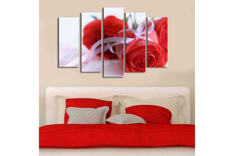 Suuri 5-osainen canvas-taulu 105x70 cm - Punaisia ruusuja satiininauhalla - Punainen / Vaaleanpunainen - Sisustustuotteet - Taulu & taide - Canvas-taulu