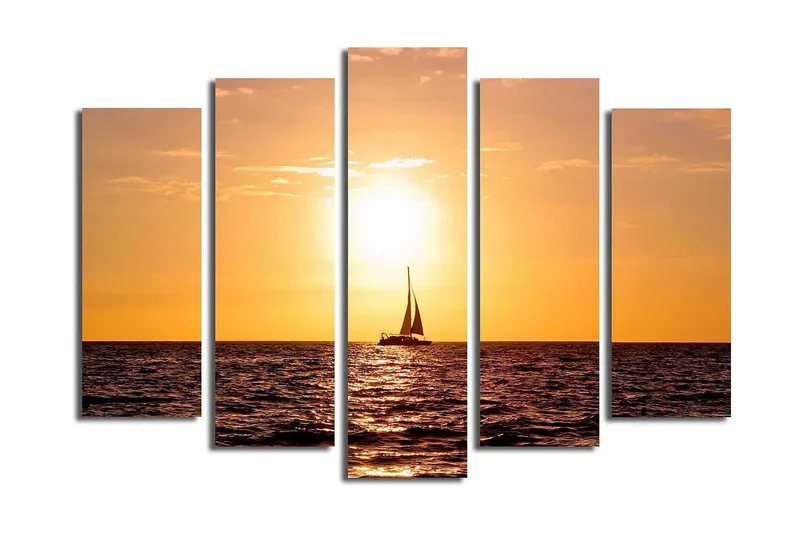 Suuri 5-osainen canvas-taulu 105x70 cm - Purjevene auringonlaskussa meren yllä, Oranssi / Kulta / Tummansininen