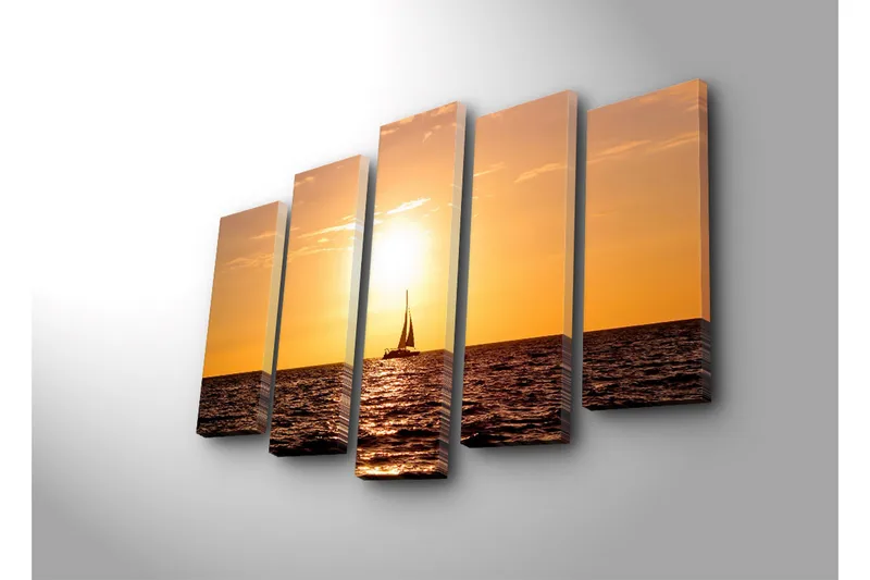 Suuri 5-osainen canvas-taulu 105x70 cm - Purjevene auringonlaskussa meren yllä - Oranssi / Kulta / Tummansininen - Sisustustuotteet - Taulu & taide - Canvas-taulu
