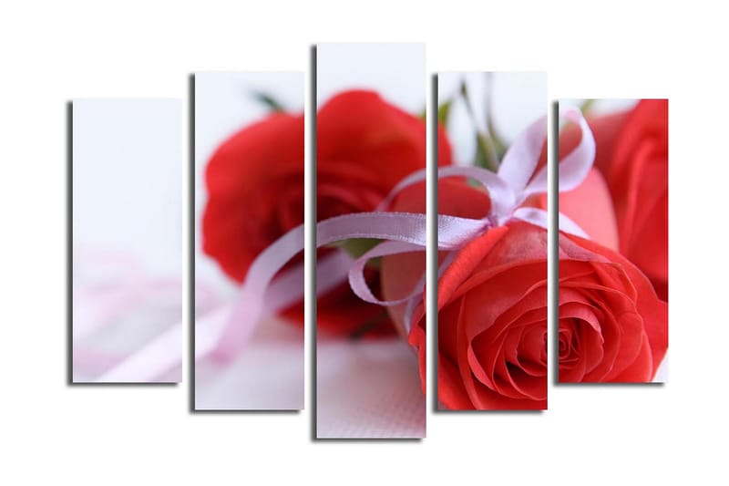Suuri 5-osainen canvas-taulu 105x70 cm - Punaisia ruusuja satiininauhalla - Punainen / Vaaleanpunainen - Sisustustuotteet - Taulu & taide - Canvas-taulu