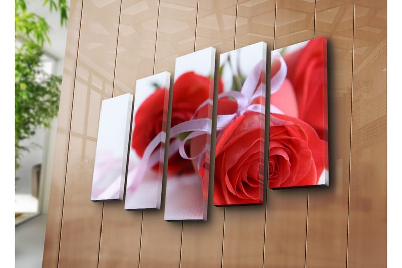 Suuri 5-osainen canvas-taulu 105x70 cm - Punaisia ruusuja satiininauhalla - Punainen / Vaaleanpunainen - Sisustustuotteet - Taulu & taide - Canvas-taulu